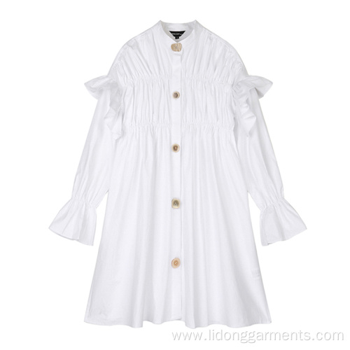 Women Casual Fashion White Button Dress Long Sleeve